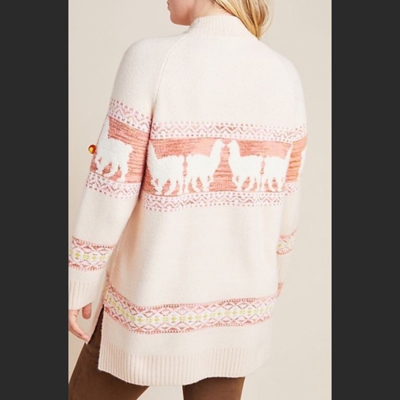 ANTHROPOLOGIE Pale pink peach llama Pom Pom sweater medium - Picture 4 of 10